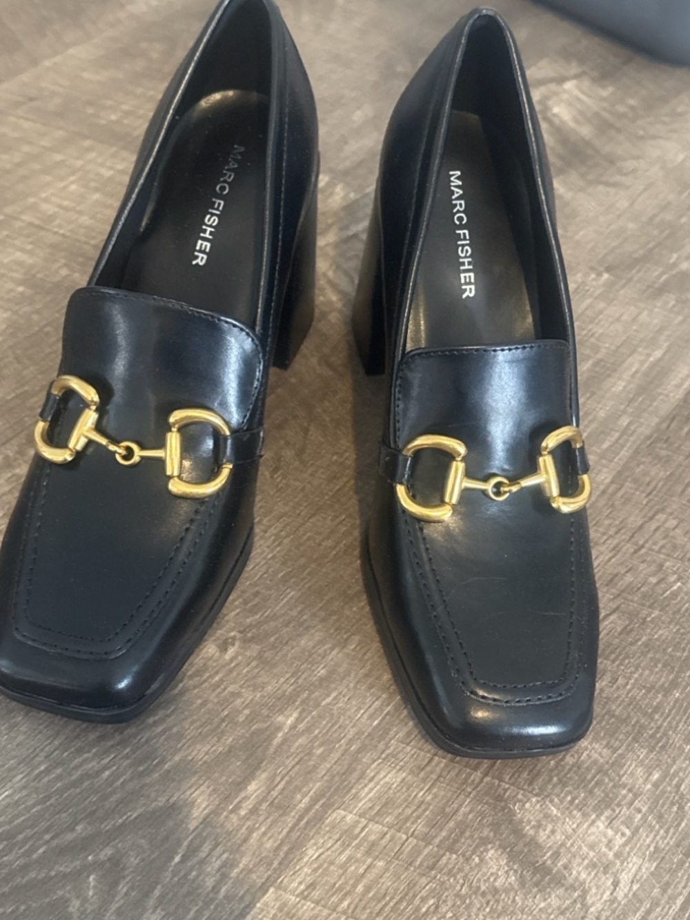 Marc Fisher Black Leather Loafer Pumps with Gold Bit Detail